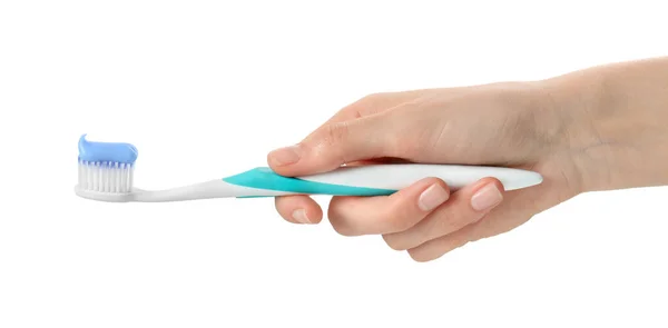 Woman Holding Toothbrush Paste White Background Closeup — Stock Photo, Image