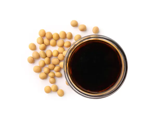 Bowl Soy Sauce Soybeans Isolated White Top View Stock Image