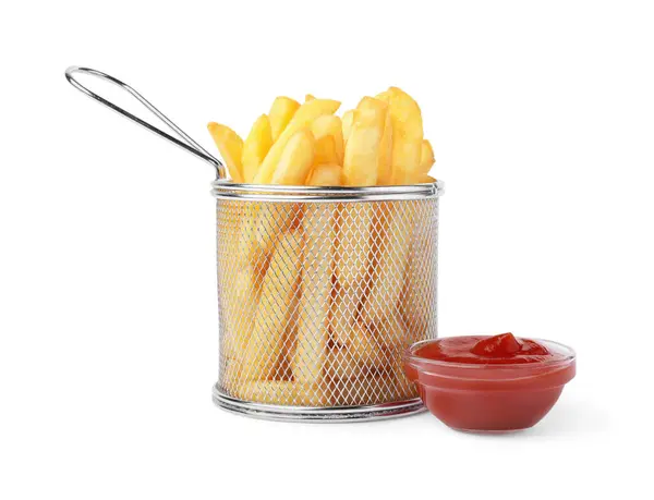 Lekkere Frietjes Met Ketchup Geïsoleerd Wit — Stockfoto