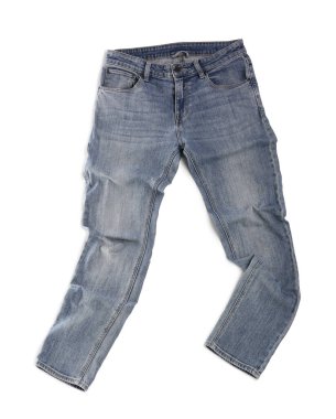 Modaya uygun açık mavi kotlar beyaz, üst görünümde izole.