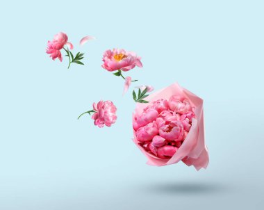 Pembe şakayık çiçekleri açık mavi arkaplanda güzel bir bukete uçuyor.