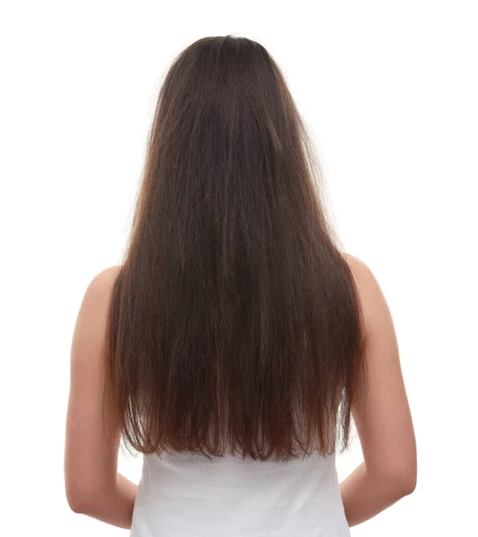 Žena Poškozenými Vlasy Před Léčbou Izolované Bílém Pohled Zezadu — Stock fotografie