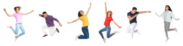 People jumping on white background, collage with photos