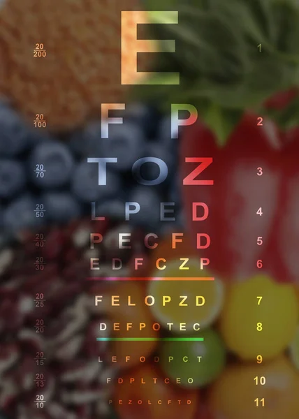 Improving eyesight. Vision test chart and different food products, double exposure