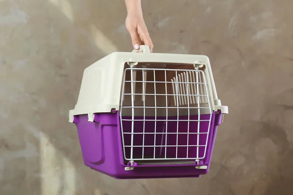 Woman holding violet pet carrier against grey wall, closeup