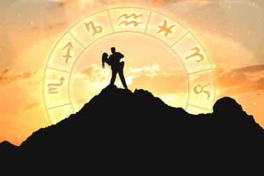 Zodiac wheel and photo of couple in mountains under sunset night clipart