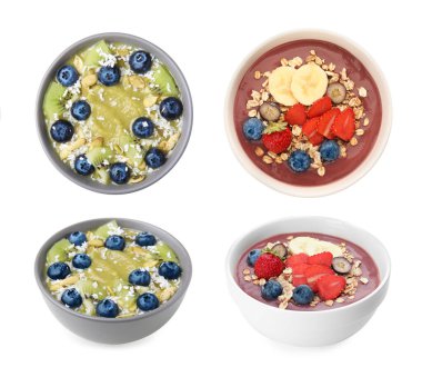 Beyaza izole edilmiş farklı smoothie kaseleri, yan ve üst manzaralı kolaj