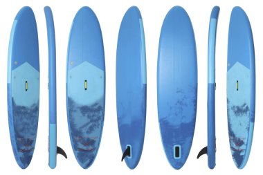 Kürekli SUP panosu olan kolaj beyaz, farklı taraflarda izole edilmiş