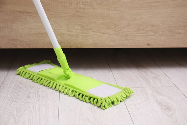 Cleaning Dirty Wooden Floor Mop Indoors Space Text — Stock Photo, Image