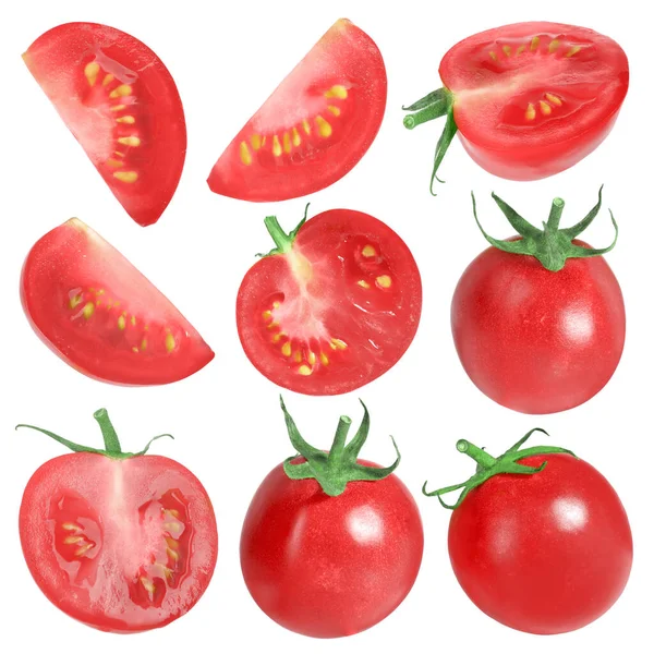 一套新鲜成熟的樱桃番茄 用白色隔开 — 图库照片