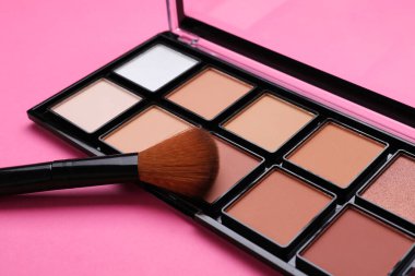 Pembe arka planda fırçası olan renkli bir palet, yakın plan. Profesyonel kozmetik ürünü