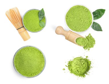 Yeşil kibrit tozu ile set beyaz, üst manzara izole