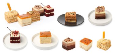 Beyaz üzerine izole edilmiş farklı lezzetli kekler.