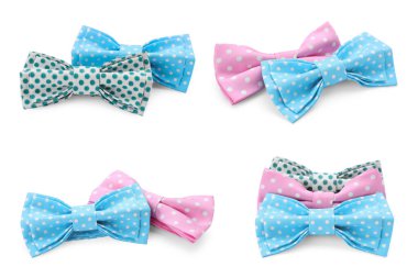 Beyaz üzerine izole edilmiş farklı renkteki yay kravatlarıyla ayarla