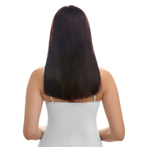 Žena Zdravými Vlasy Bílém Pozadí Pohled Zezadu — Stock fotografie
