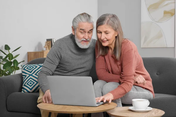 Elderly couple with laptop discussing pension plan in room