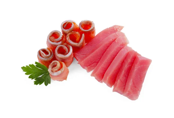 Leckeres Sashimi Scheiben Frischen Rohen Thunfischs Und Lachs Mit Petersilie — Stockfoto