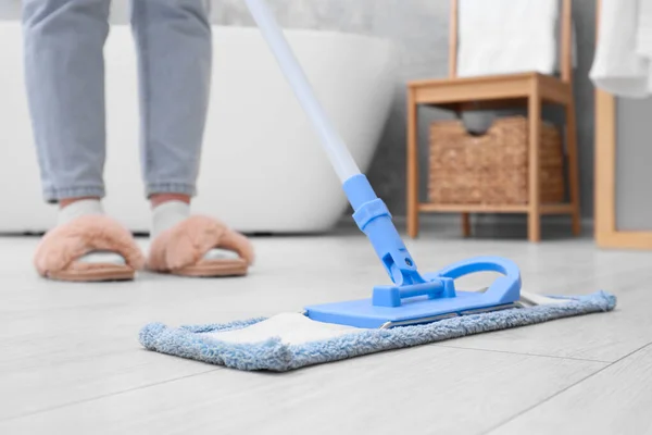 Woman Cleaning Parquet Floor Mop Bathroom Closeup — Stock Photo, Image
