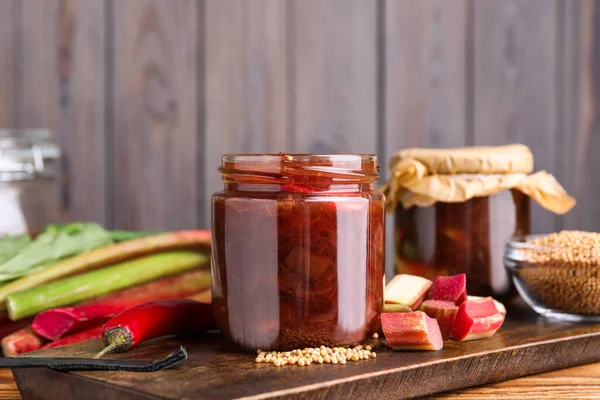 Tasty Rhubarb Sauce Ingredients Wooden Table Space Text — Stock Photo, Image