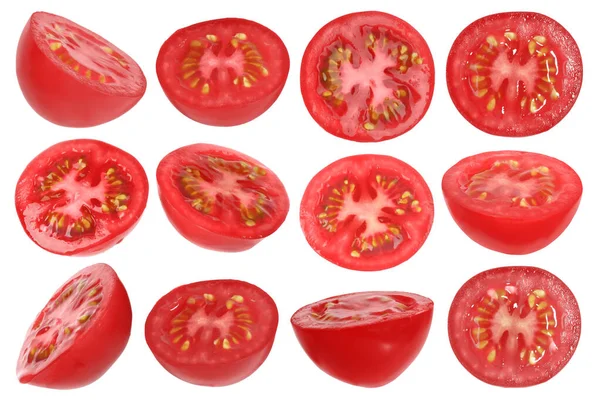 Conjunto Tomates Cherry Maduros Cortados Aislados Blanco —  Fotos de Stock