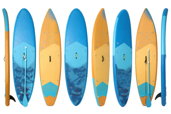 Collage Sup Boards Paddle Isolated White Different Sides — Stock Photo, Image