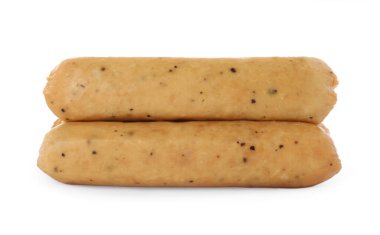 Çiğ sosisler beyaz üzerine izole edilmiş. Vejetaryen eti.