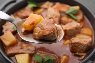 Kavanozun üzerinde lezzetli gulaş ile kaşık yakın plan.