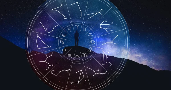 Колесо Зодиака Фотография Человека Горах Звездным Небом Ночью Баннерный Дизайн — стоковое фото