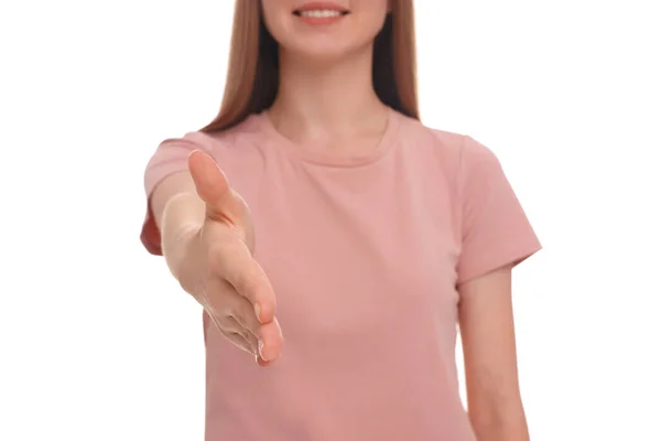 Woman Welcoming Offering Handshake White Background Closeup — Stock Photo, Image