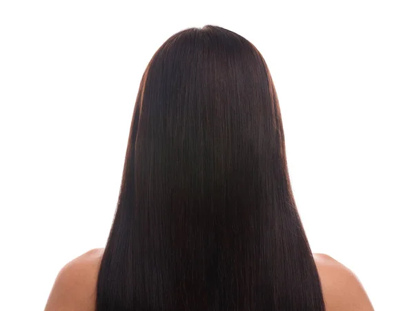Женщина Здоровыми Волосами Белом Фоне Вид Сзади — стоковое фото
