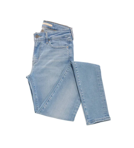Stylische Hellblaue Jeans Isoliert Auf Weißem Untergrund Draufsicht — Stockfoto