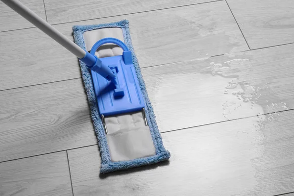 Cleaning Dirty Parquet Floor Mop Indoors Space Text — Stock Photo, Image