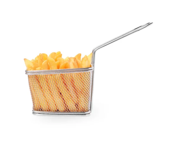 Delicious French Fries Metal Basket Isolated White — Stock Photo, Image