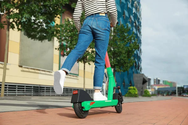 Woman Riding Modern Electric Kick Scooter City Street Back View — Stock Photo, Image