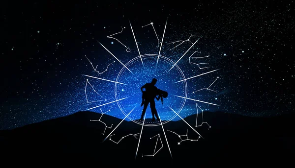 Zodiac Hjul Och Foto Par Bergen Stjärnklar Himmel Natten Banderolldesign — Stockfoto
