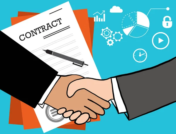 Government contract. Businesspeople shaking hands, signed document and icons on light blue background, illustration