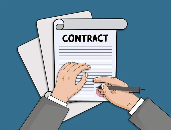 政府の契約 ビジネスマンはライトブルーの背景 トップビューに文書に署名します イラストレーション — ストック写真