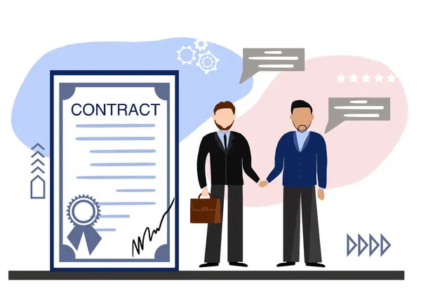 Government contract. Businesspeople shaking hands, signed document and icons on white background, illustration