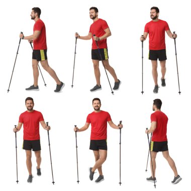 Beyaz arka planda İskandinav bastonlu sporcu, fotoğraflı kolaj.