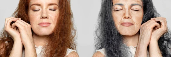 Collage Con Fotos Mujer Diferentes Edades Sobre Fondo Claro —  Fotos de Stock