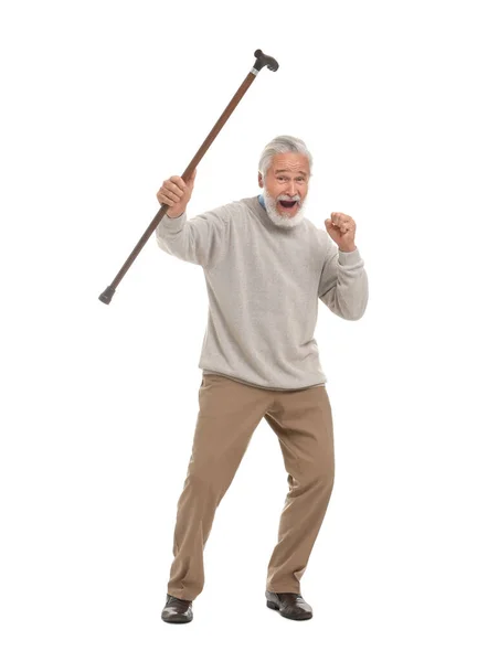 Emotional Senior Sports Fan Walking Cane Isolated White — Stock Photo, Image