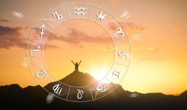 Zodiac wheel and photo of woman in mountains under sunset sky, space for text. Banner design clipart
