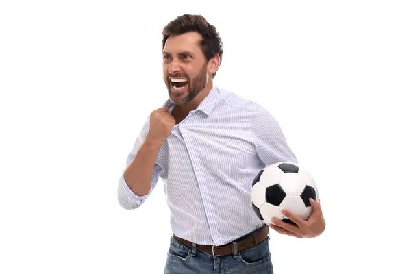 Emotional Sports Fan Soccer Ball White Background — Stock Photo, Image