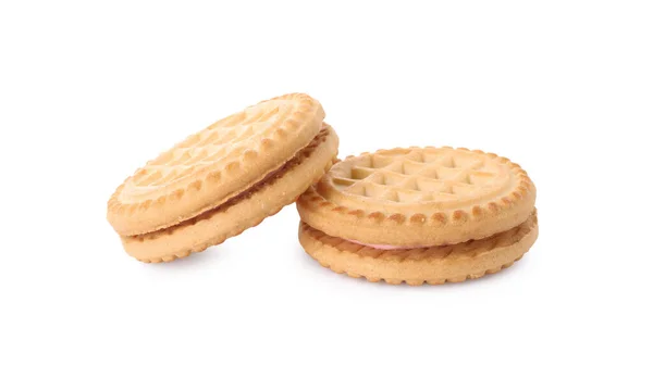 Biscoitos Sanduíche Saborosos Com Creme Isolado Branco — Fotografia de Stock