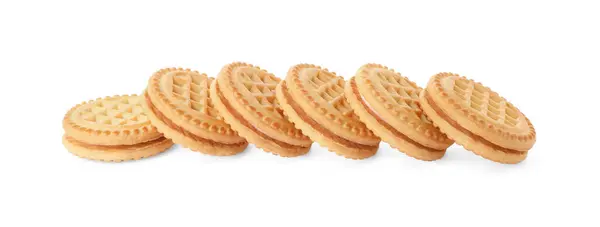 Molti Gustosi Biscotti Sandwich Con Crema Isolata Bianco — Foto Stock