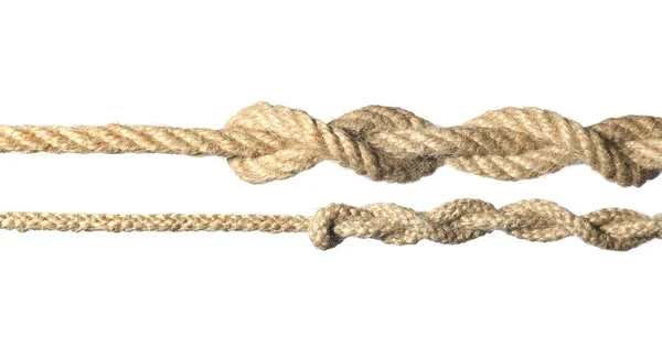 Дві Конопляні Мотузки Вузлами Ізольовані Білому — стокове фото