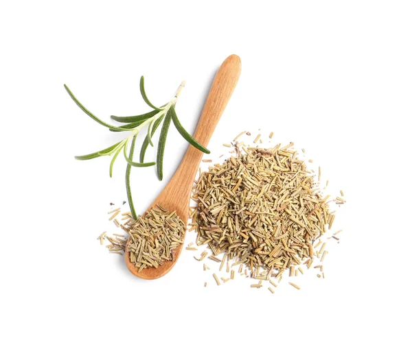 Wooden Spoon Fresh Dry Rosemary Isolated White Top View — Stock Photo, Image