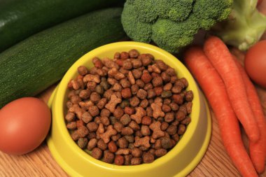 Ahşap arka planda kurutulmuş hayvan maması ve ürünler