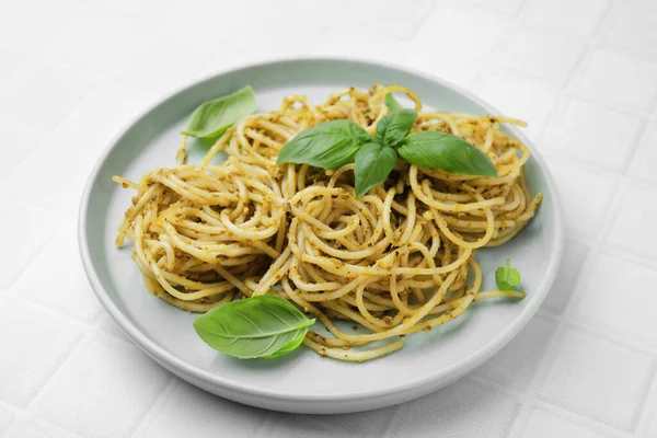 Delicious Pasta Pesto Sauce Basil White Tiled Table Closeup — Stock Photo, Image