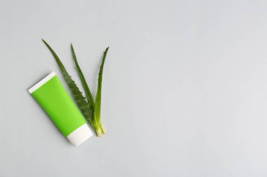 Diş macunu tüpü ve açık gri arka planda taze aloe, düz. Metin için boşluk